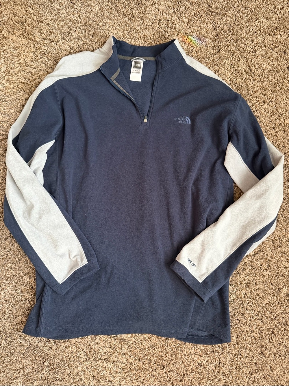 The North Face TKA 100 1/4 Zip Fleece Pullover Mens XL Navy Blue Grey Colorblock